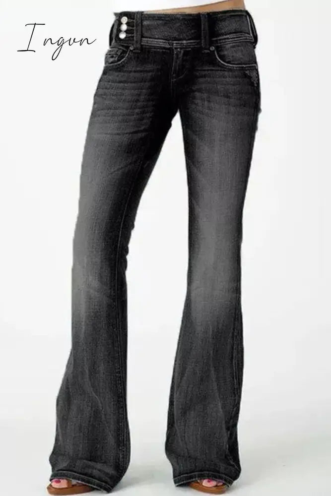 Ingvn- Casual Vintage Solid Make Old Mid Waist Regular Denim Jeans Black / S Denim/Jeans
