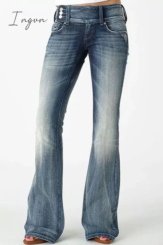 Ingvn- Casual Vintage Solid Make Old Mid Waist Regular Denim Jeans Navy / S Denim/Jeans