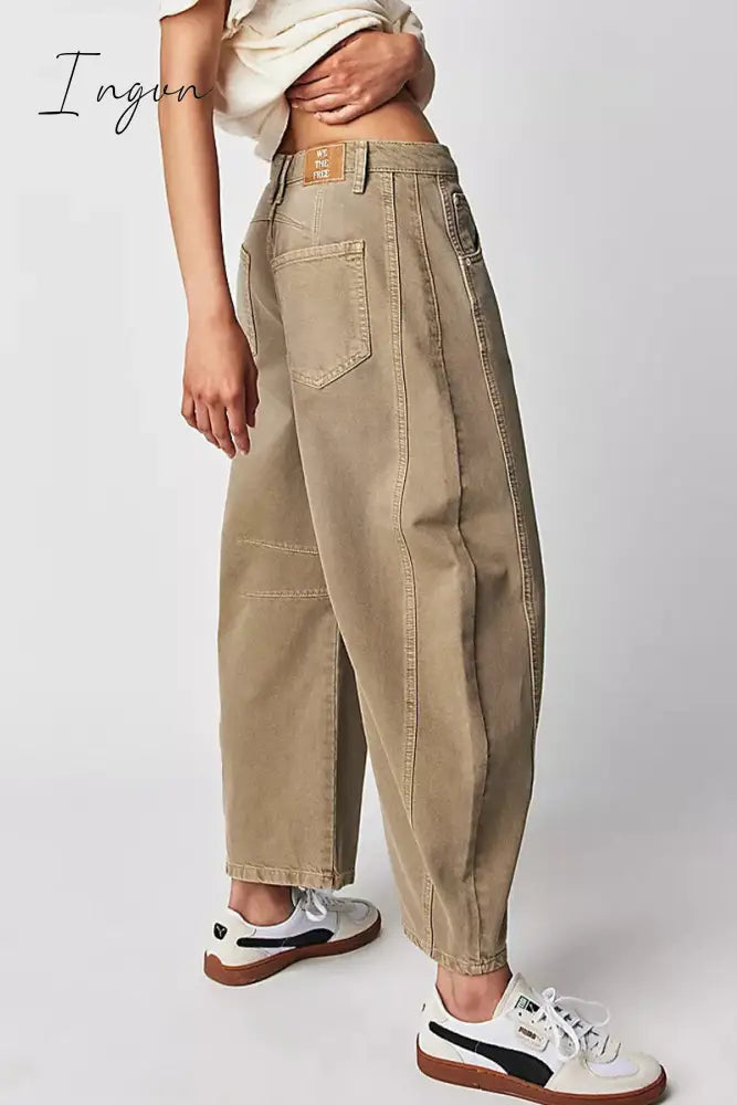 Ingvn- Casual Vintage Solid Pocket Without Belt Mid Waist Loose Denim Jeans(No Belt) Denim/Jeans