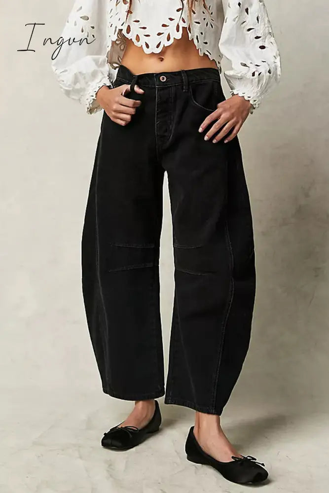 Ingvn- Casual Vintage Solid Pocket Without Belt Mid Waist Loose Denim Jeans(No Belt) Black / S
