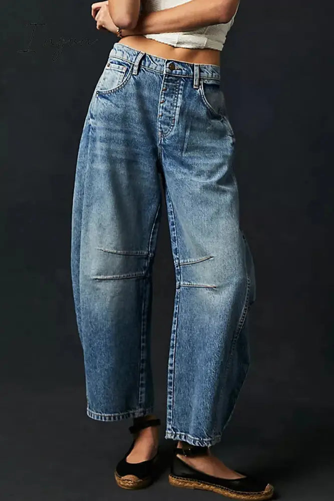 Ingvn- Casual Vintage Solid Pocket Without Belt Mid Waist Loose Denim Jeans(No Belt) Blue / S