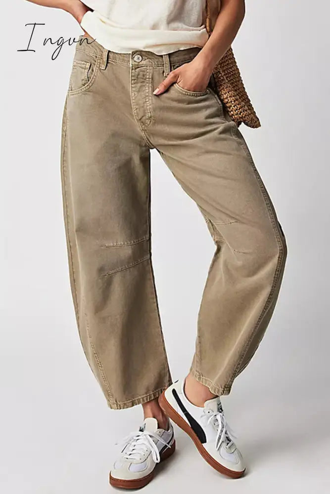 Ingvn- Casual Vintage Solid Pocket Without Belt Mid Waist Loose Denim Jeans(No Belt) Dark Khaki / S