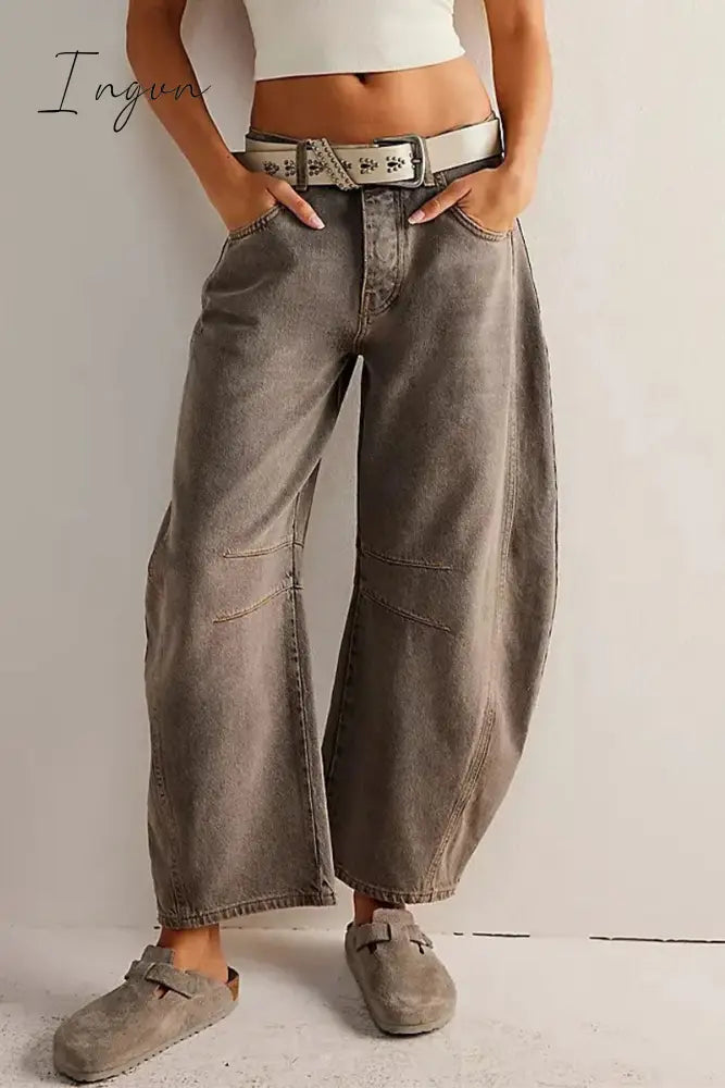 Ingvn- Casual Vintage Solid Pocket Without Belt Mid Waist Loose Denim Jeans(No Belt) Lady Grey / S