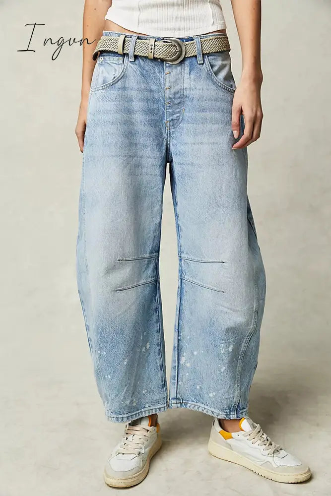 Ingvn- Casual Vintage Solid Pocket Without Belt Mid Waist Loose Denim Jeans(No Belt) Light Blue / S