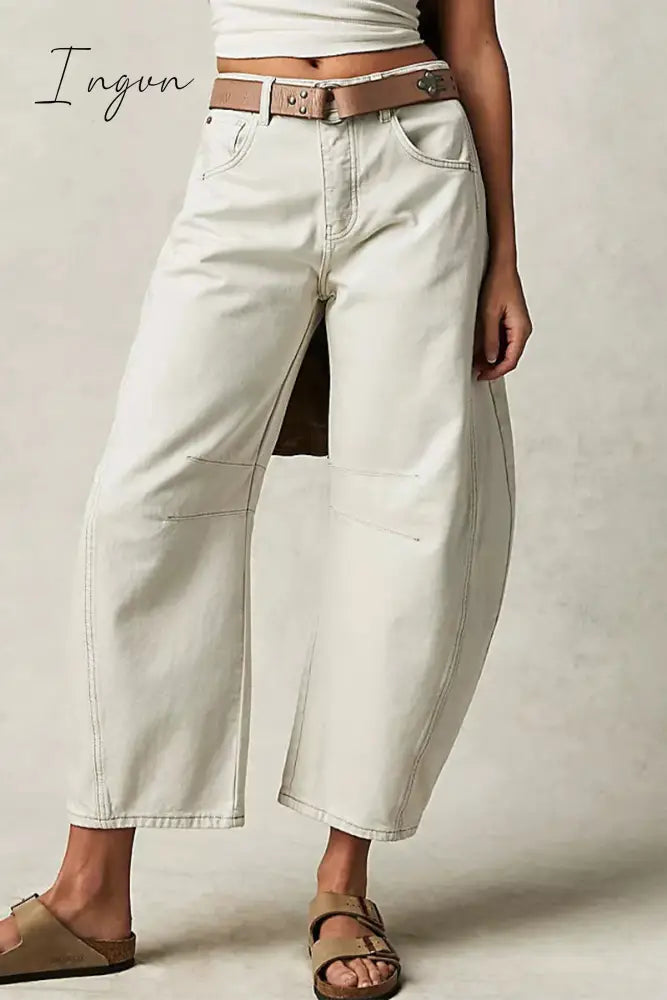 Ingvn- Casual Vintage Solid Pocket Without Belt Mid Waist Loose Denim Jeans(No Belt) White / S