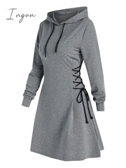 Ingvn - Casual Women Long Sleeve Autumn Dress Drawstring Lace Up Mini Hoodie Vestidos Femme Gothic
