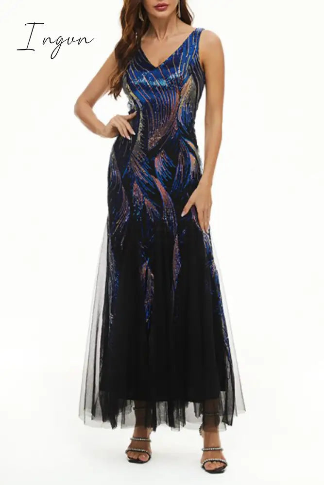 Ingvn - Celebrities Elegant Color Block Patchwork V Neck Evening Dress Dresses Blue / S