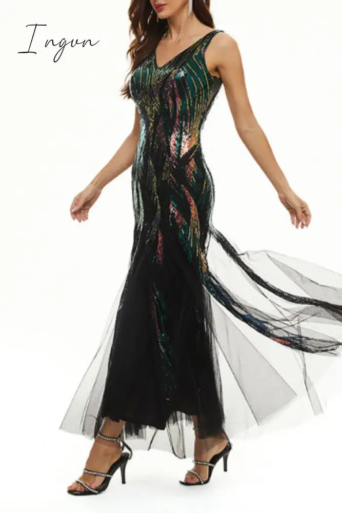 Ingvn - Celebrities Elegant Color Block Patchwork V Neck Evening Dress Dresses Dresses/Party And