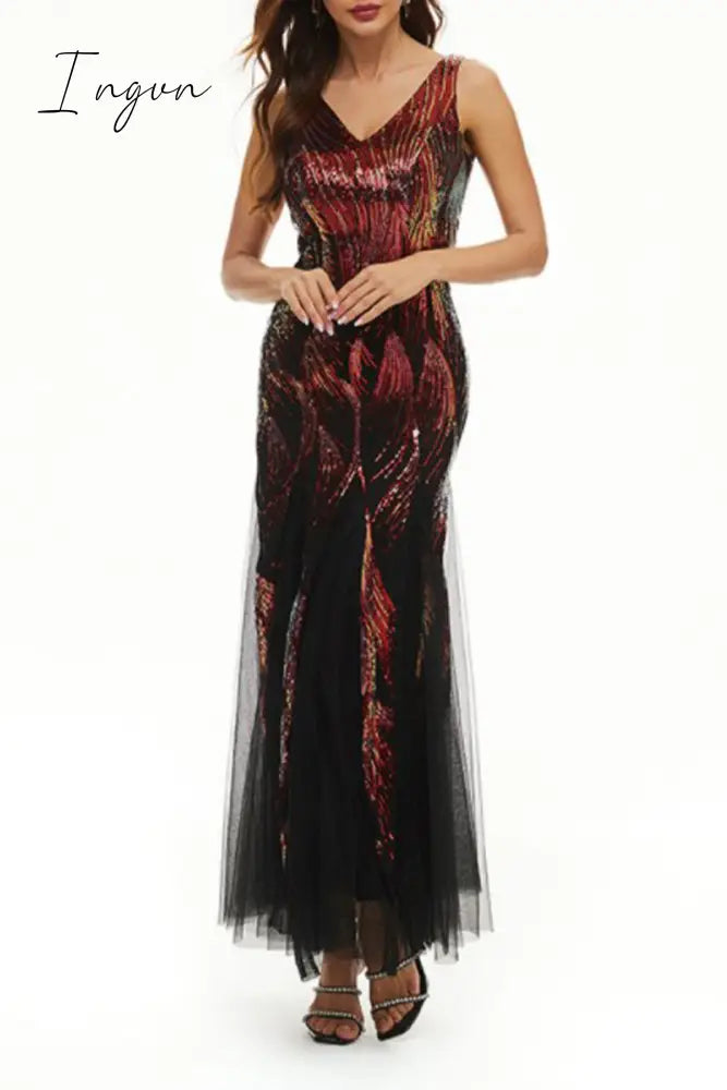 Ingvn - Celebrities Elegant Color Block Patchwork V Neck Evening Dress Dresses Red / S