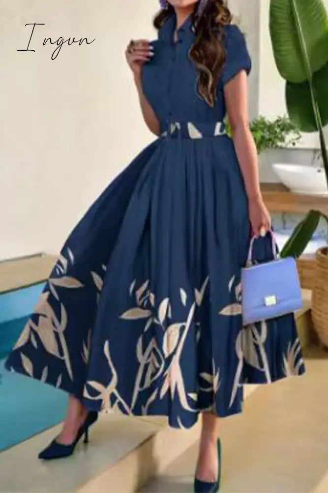 Ingvn - Celebrities Elegant Floral With Belt Turndown Collar Printed Dress Short Sleeve