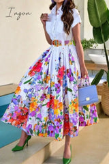Ingvn - Celebrities Elegant Floral With Belt Turndown Collar Printed Dress Short Sleeve