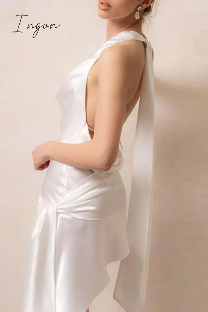 Ingvn - Celebrities Elegant Solid Appliques Backless Fold Halter Evening Dresses Dresses/Party And