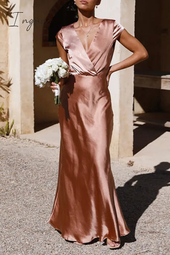 Ingvn - Celebrities Formal Solid V Neck Evening Dress Dresses Pink / S Dresses/Party And Cocktail