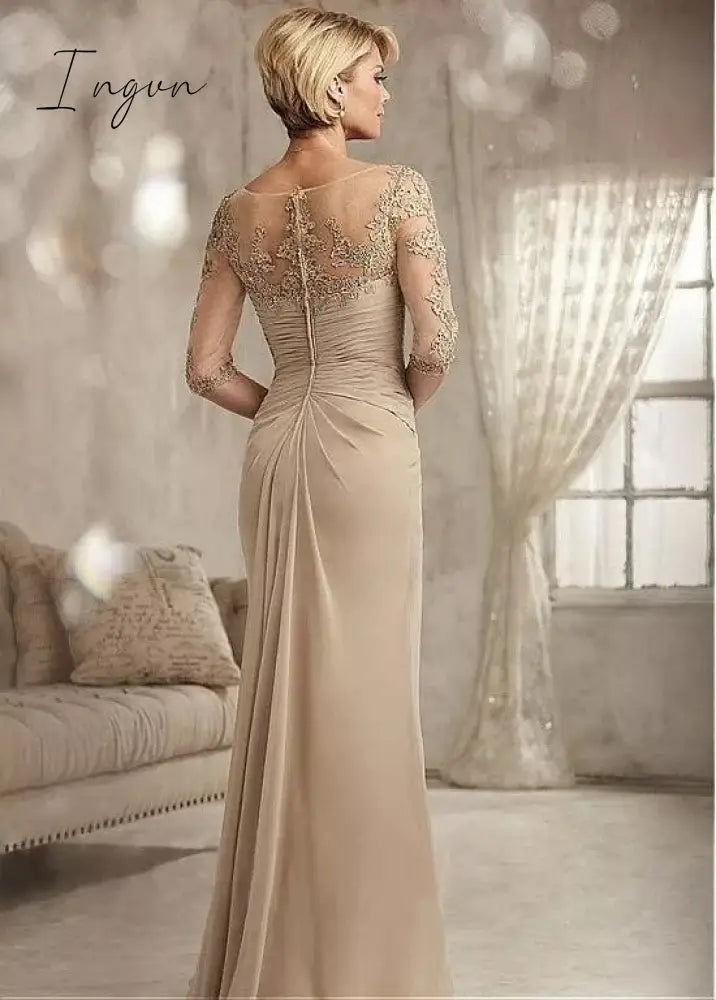 Ingvn - Champagne Mother Of The Bride Clothes Plus Size Chiffon Halbarm Patin Evening Dress For