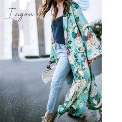 Ingvn - Chiffon Loose Shawl Kimono Long Blouse For Women Full Sleeve Floral Boho Shirts Top Ladies