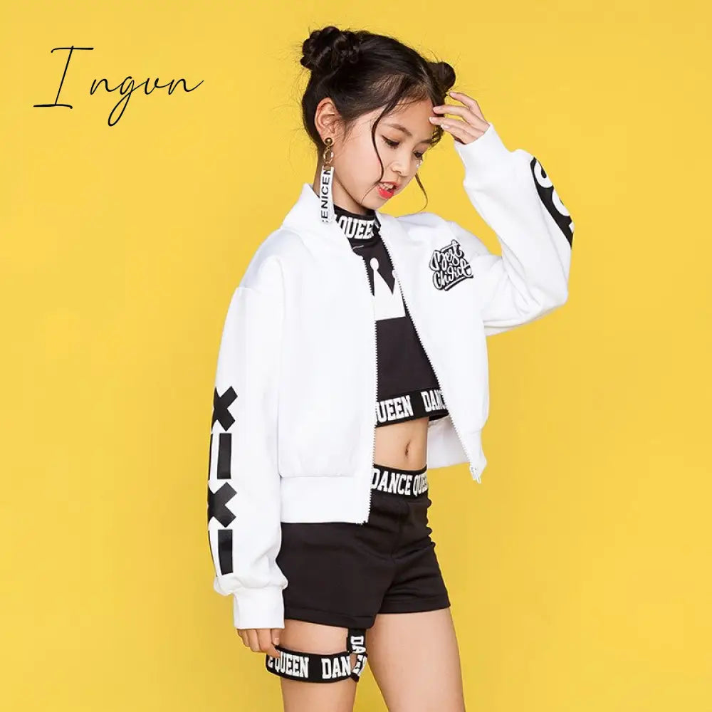 Ingvn - Children Hip Hop Dance Costumes Kids Street Clothing White Jacket Black Vest Shorts Girls