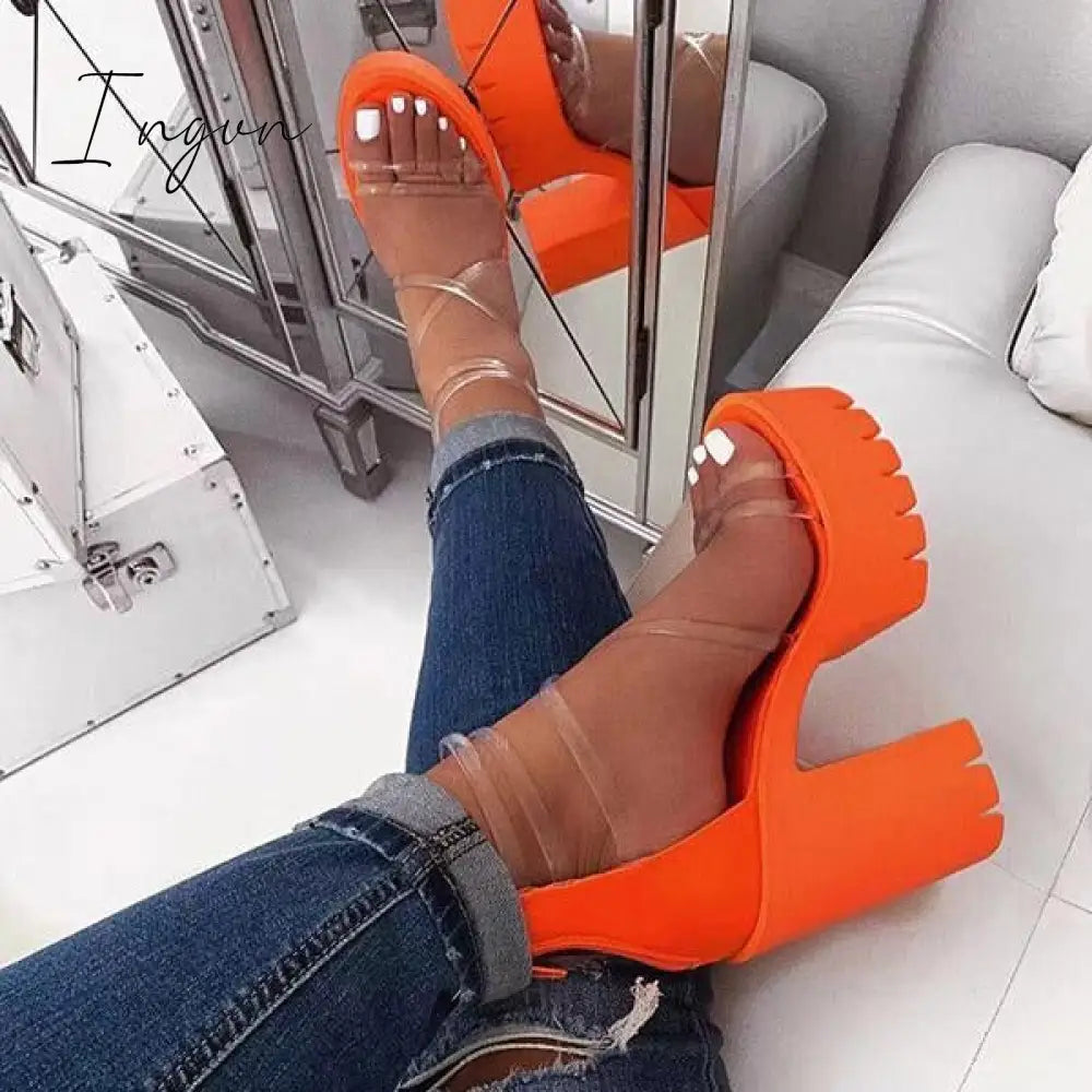 Ingvn - Chunky Heel Zipper Open Toe Strappy See-Through Sandals