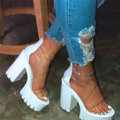 Ingvn - Chunky Heel Zipper Open Toe Strappy See-Through Sandals White / 5