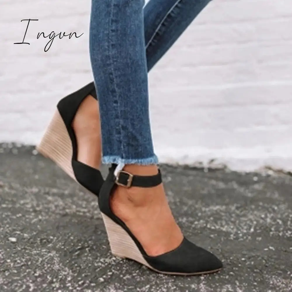 Ingvn - Classic Ankle Strap Wedge Shoes Black / 5 Heels