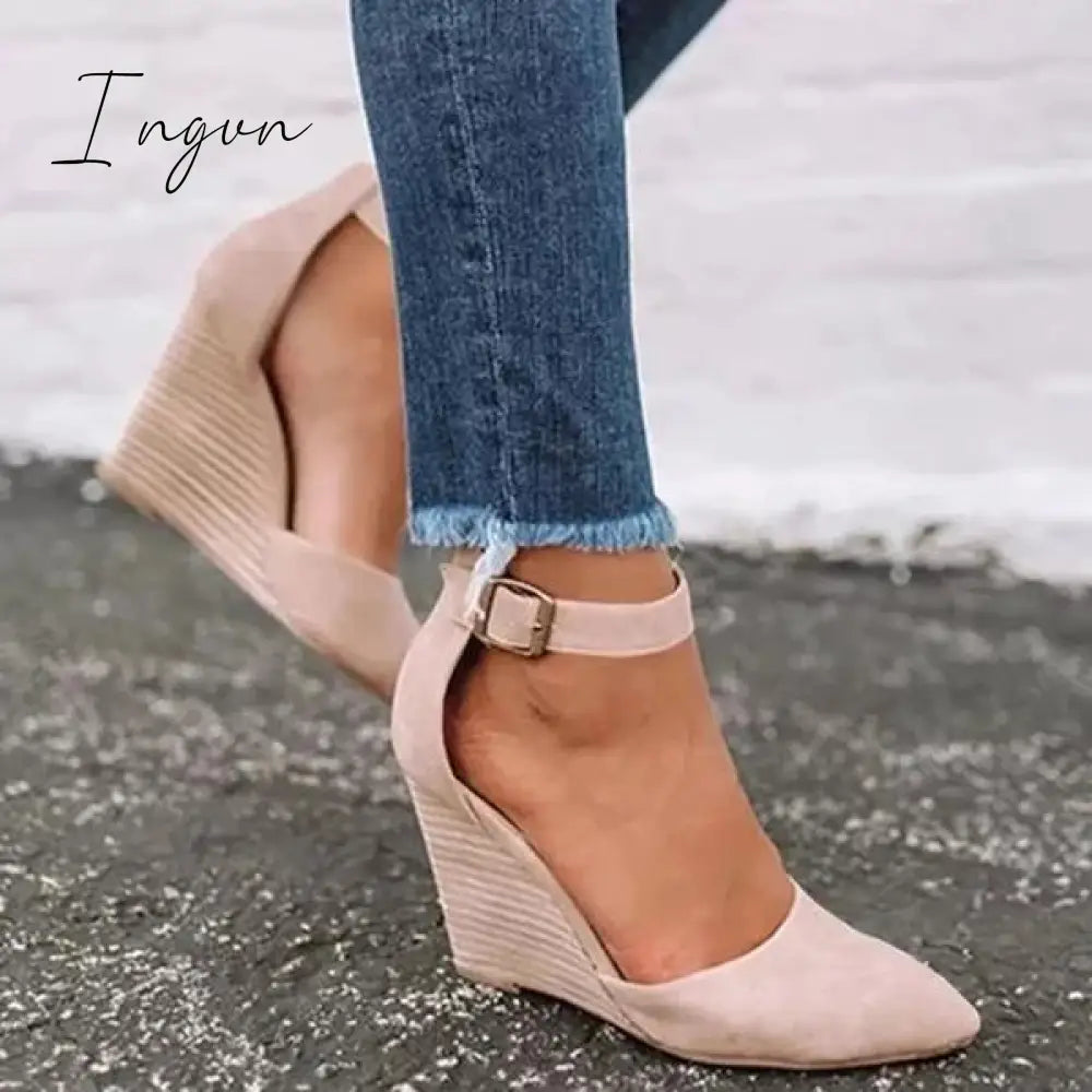 Ingvn - Classic Ankle Strap Wedge Shoes Nude / 5 Heels