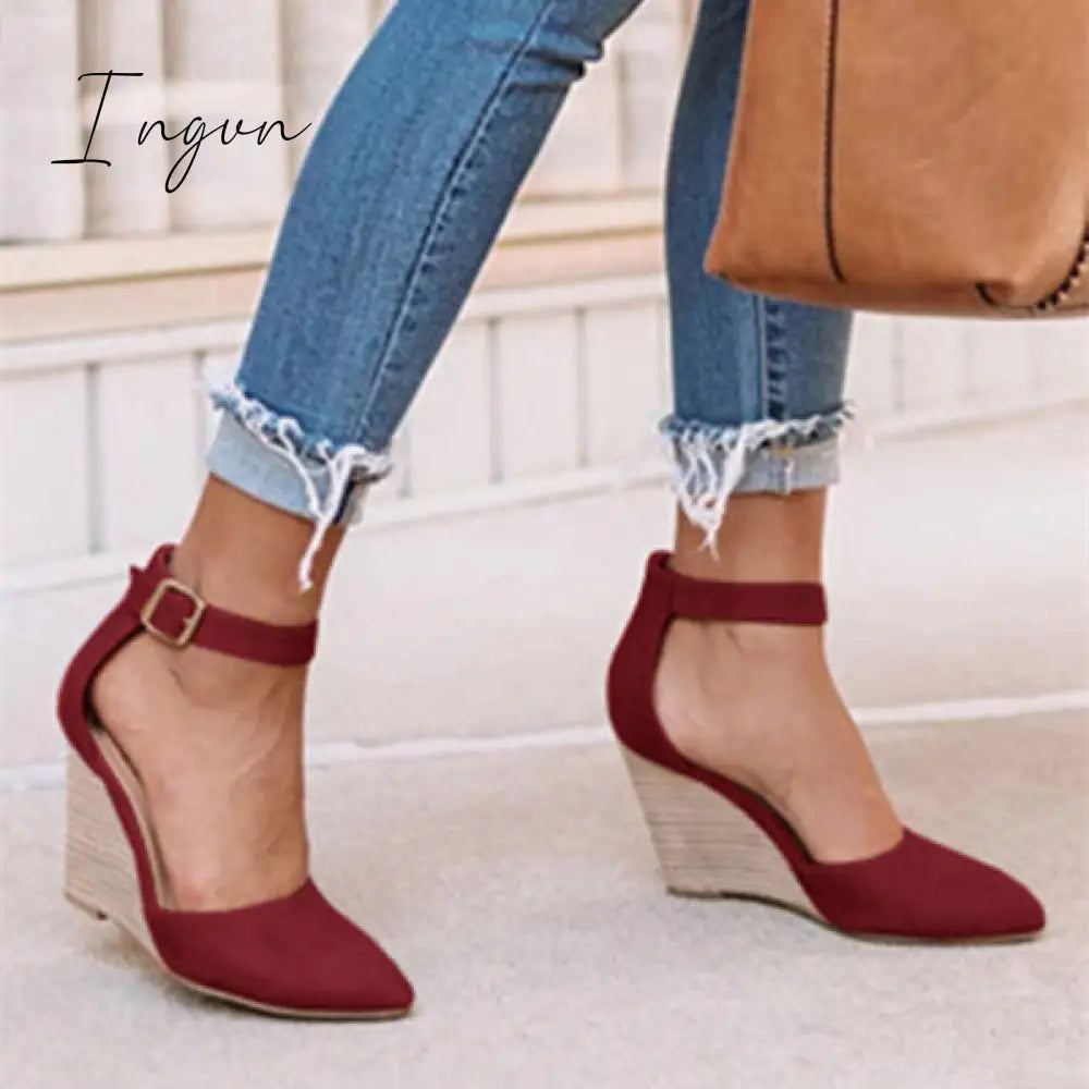 Ingvn - Classic Ankle Strap Wedge Shoes Wine Red / 5 Heels