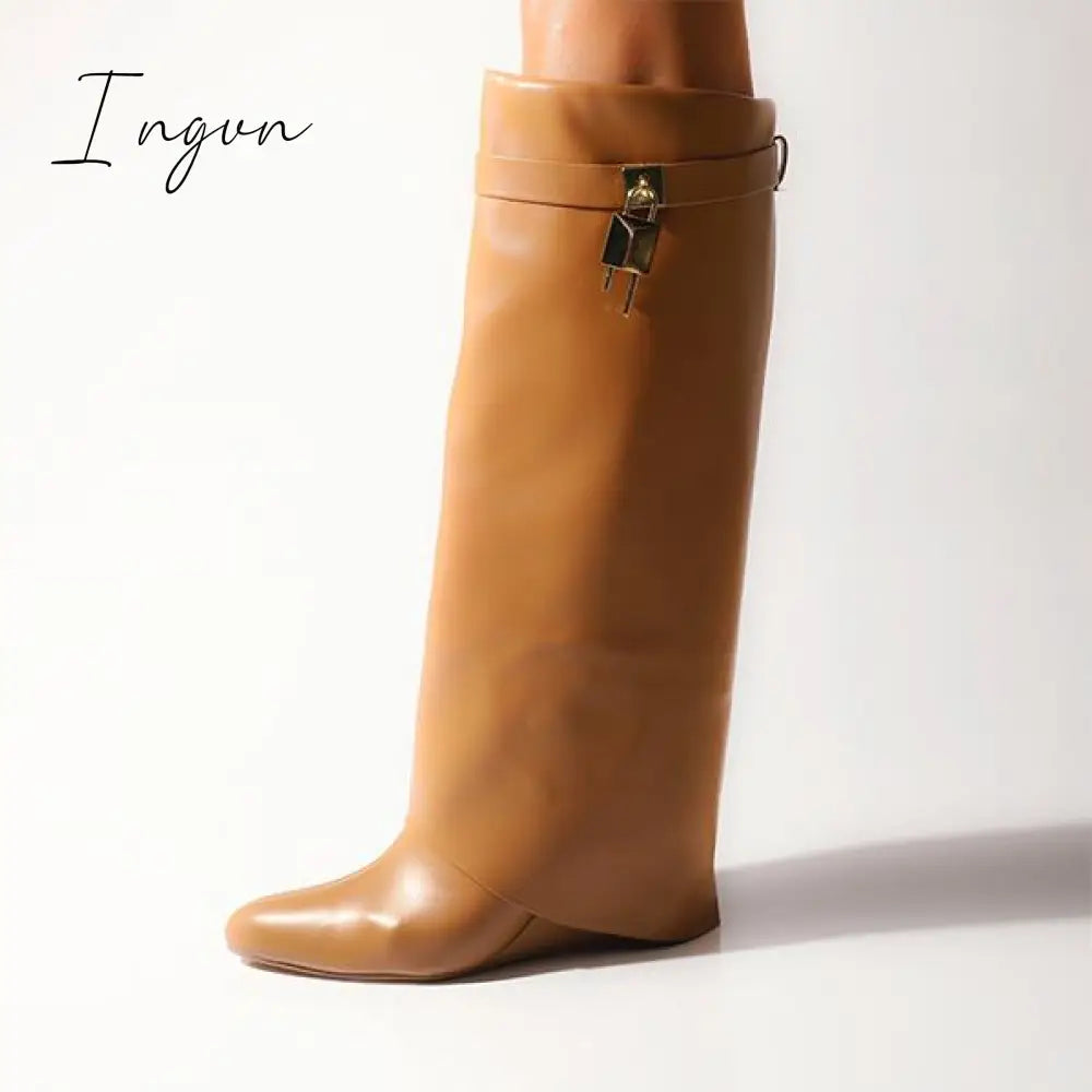 Ingvn - Comfy Leather Hidden Wedge Heel Roman Boots