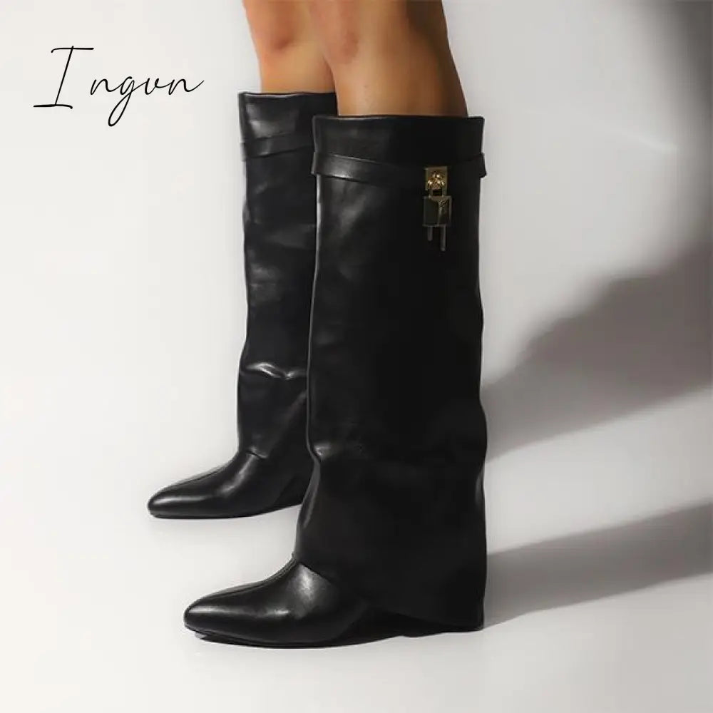 Ingvn - Comfy Leather Hidden Wedge Heel Roman Boots Black / 5