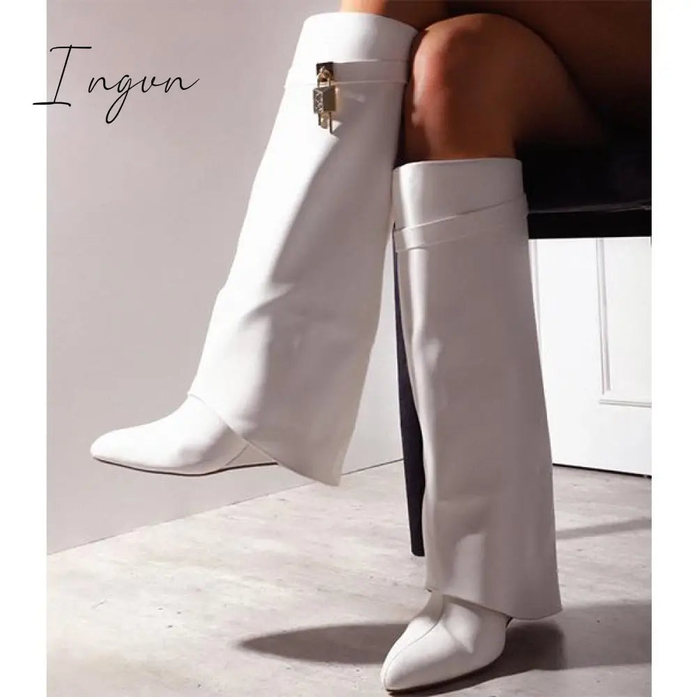 Ingvn - Comfy Leather Hidden Wedge Heel Roman Boots White / 5