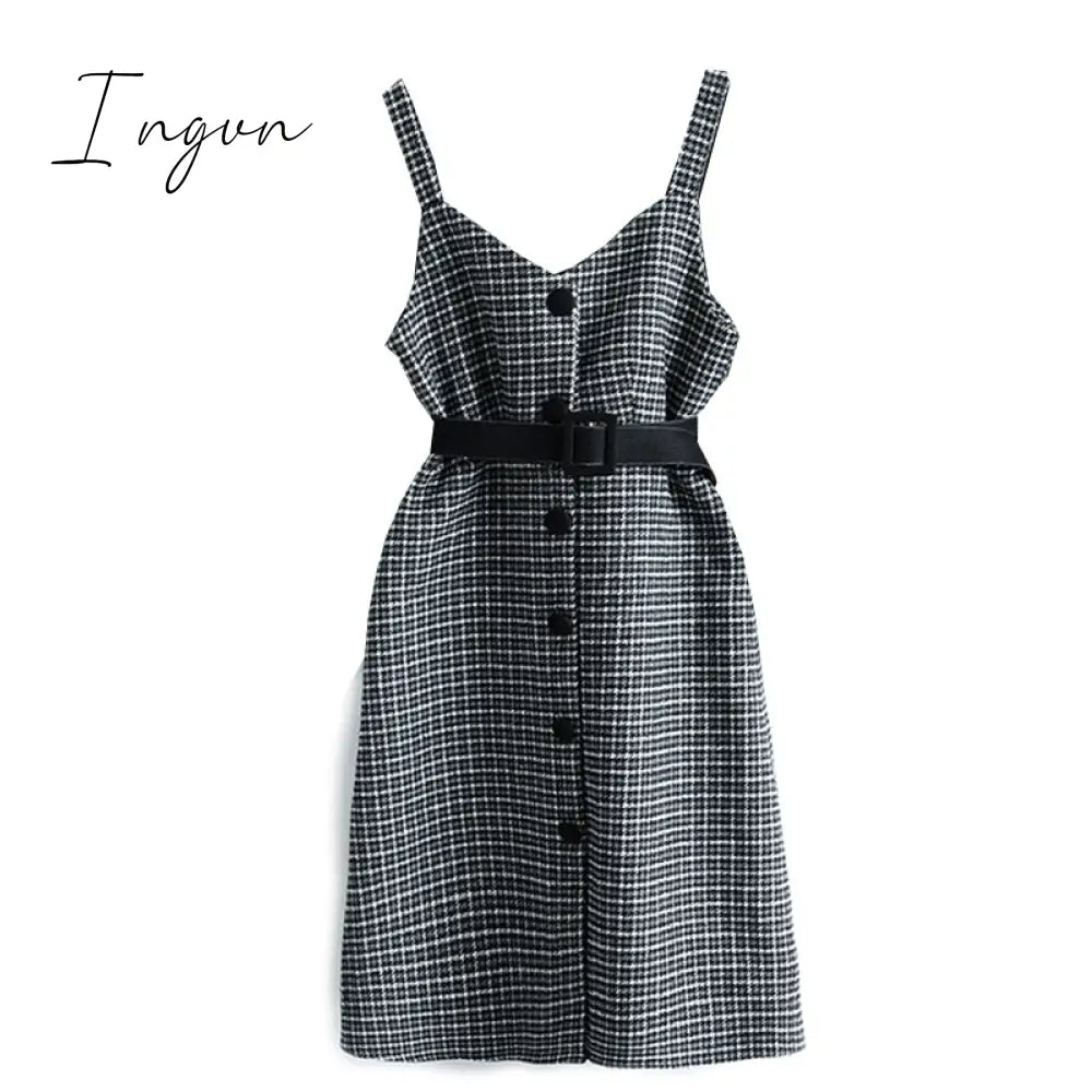 Ingvn - Commuter Style Sweater Dress Suit Women Autumn And Winter New Retro Woolen Plaid Strap