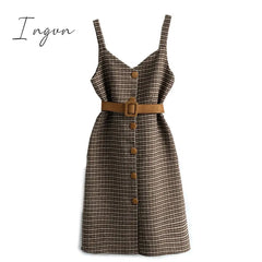 Ingvn - Commuter Style Sweater Dress Suit Women Autumn And Winter New Retro Woolen Plaid Strap