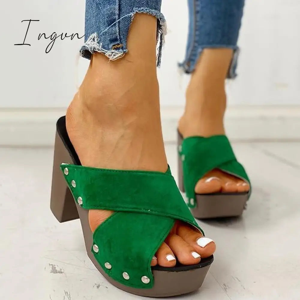 Ingvn - Crisscross Design Chunky Heeled Slippers Green / 5