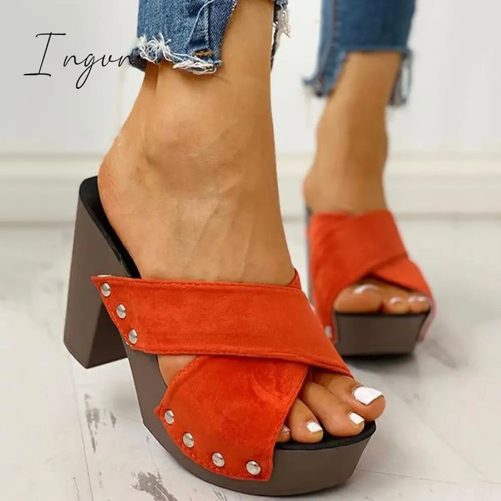 Ingvn - Crisscross Design Chunky Heeled Slippers Orange / 5