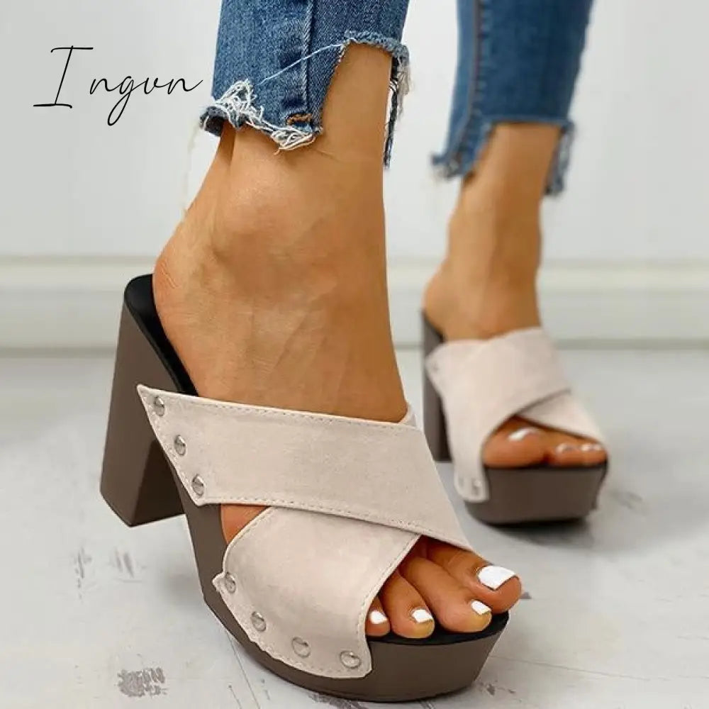 Ingvn - Crisscross Design Chunky Heeled Slippers White / 5
