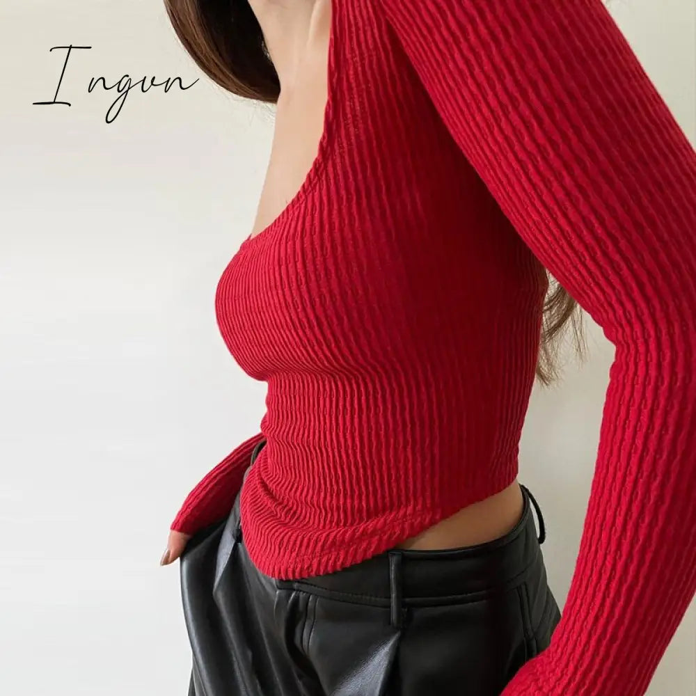 Ingvn - Crop Top Streetwear Long Sleeve Women Basic Cropped Skinny Casual Autumn Winter Sexy Ruched
