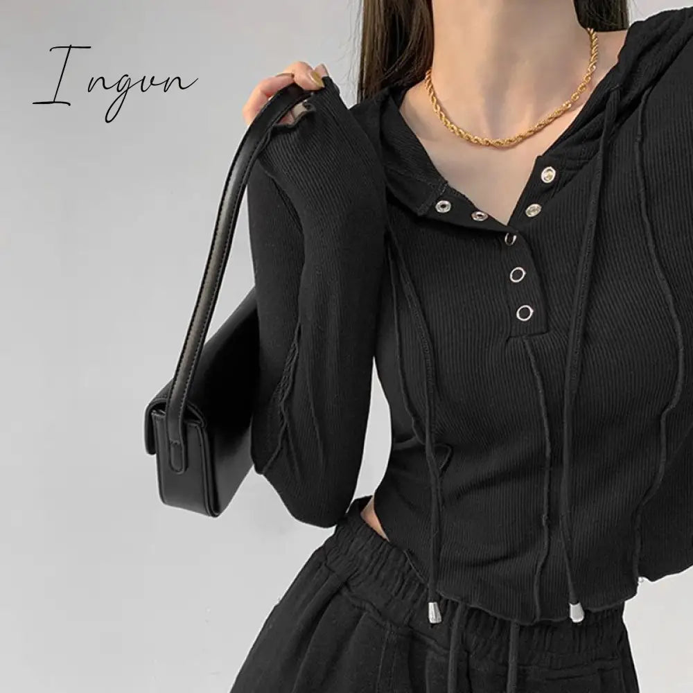 Ingvn - Crop Tops 2023 Fashion T-Shirts For Women Hooded Sweatshirt Long Sleeve Tees Y2K Clothes