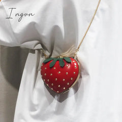 Ingvn - Cute Fruit Strawberry Heart Shape Pu Rivet Mini Fashion Ladies Chain Purse Clutch Bag