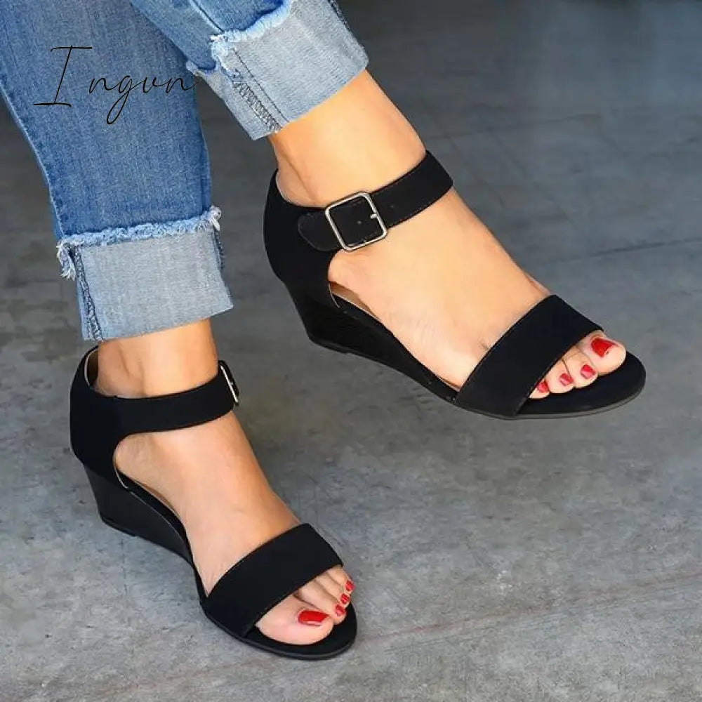 Ingvn - Daily Comfy Low Heel Wedge Sandals Black / 5