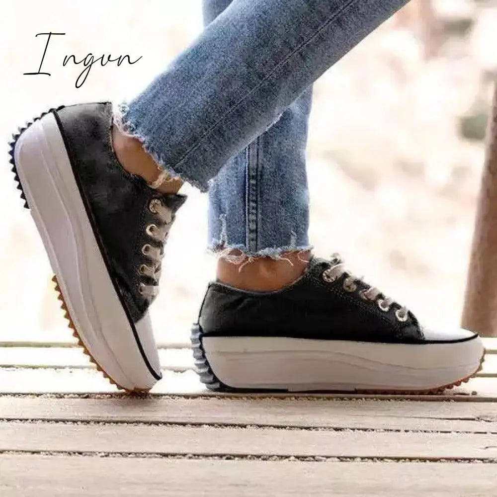 Ingvn - Daily Lace Up Non-Slip Platform Sneakers Black / 5