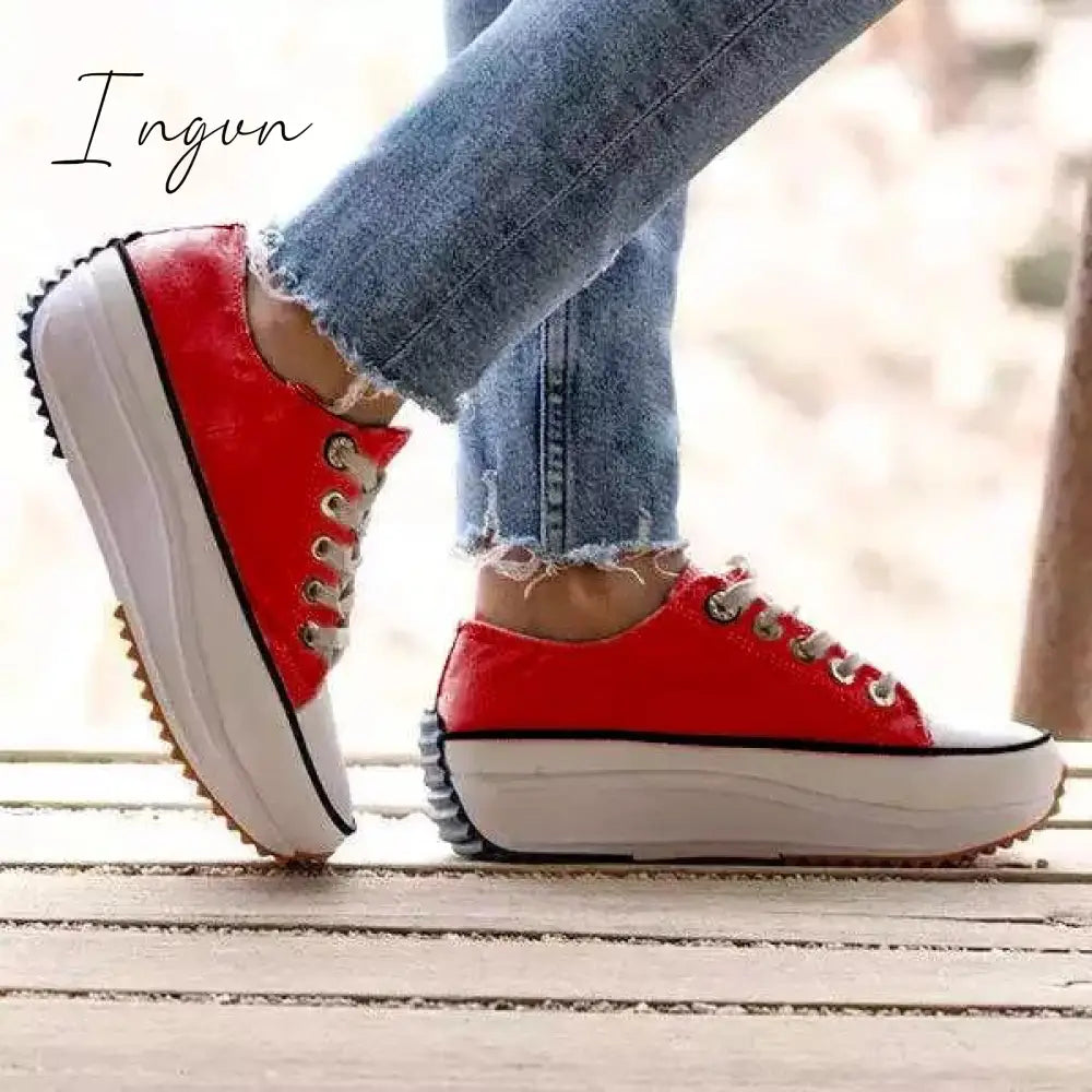 Ingvn - Daily Lace Up Non-Slip Platform Sneakers Red / 5