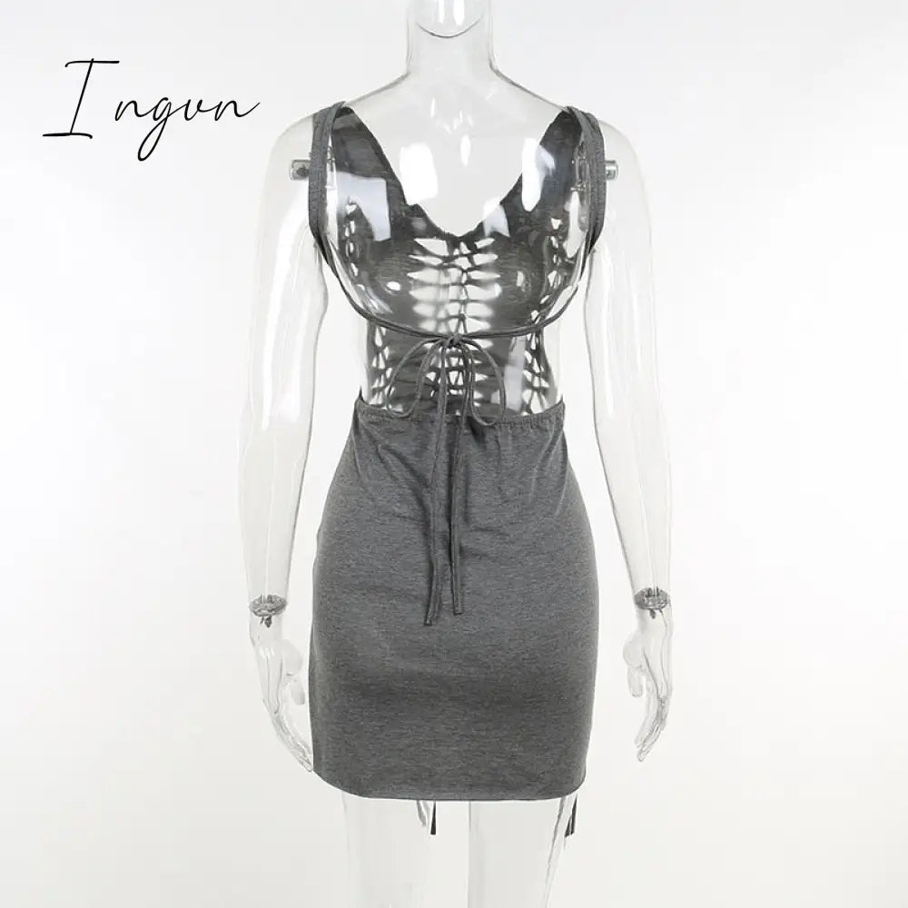 Ingvn - Dark Gray Hollow Out Mini Dress Sexy Drawstring Bandage Backless Summer Dresses For Women