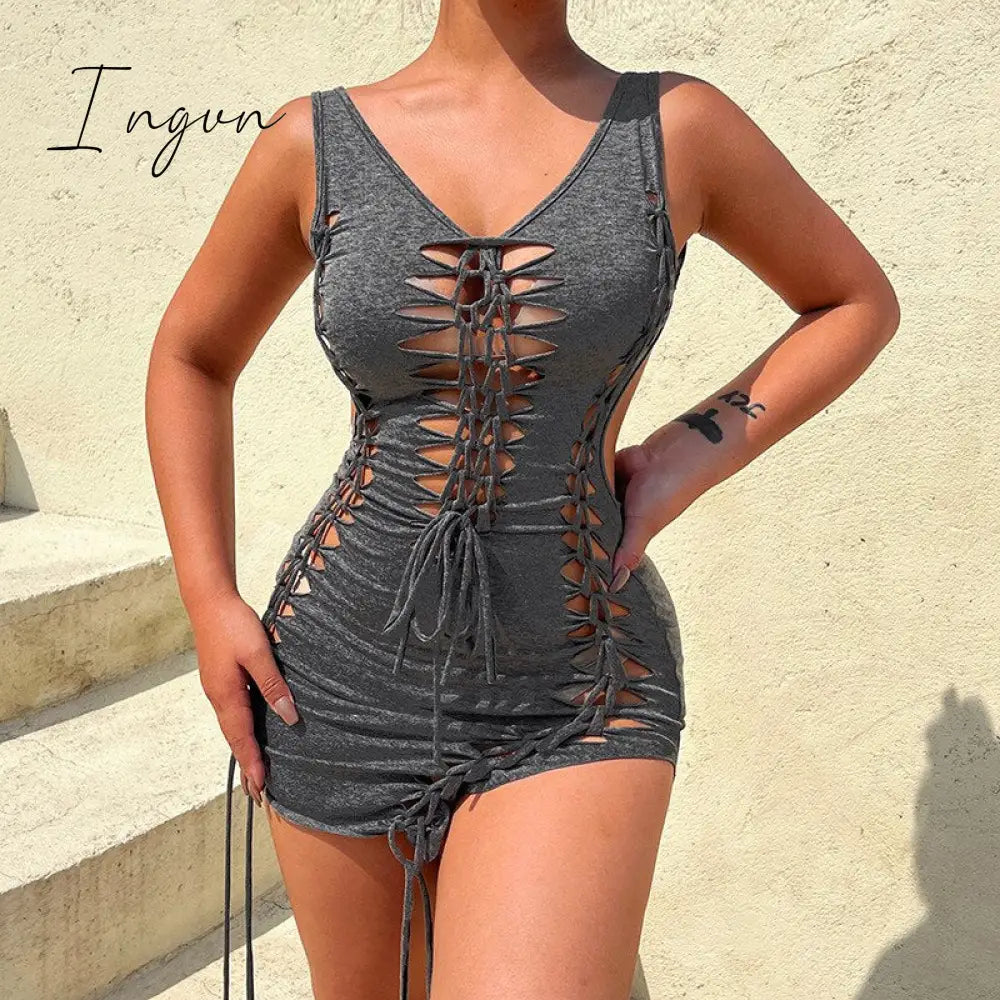Ingvn - Dark Gray Hollow Out Mini Dress Sexy Drawstring Bandage Backless Summer Dresses For Women