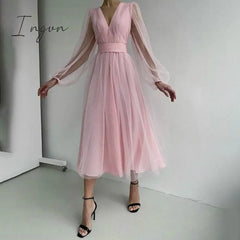 Ingvn - Deep V - Neck Women Mesh Dress Party Summer Long Puff Sleeve Pink Zipper A - Line Thin