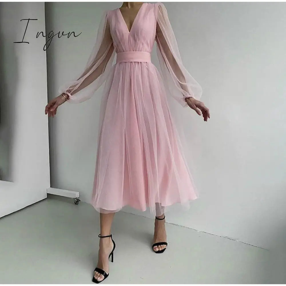 Ingvn - Deep V - Neck Women Mesh Dress Party Summer Long Puff Sleeve Pink Zipper A - Line Thin