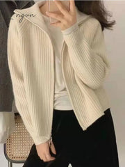 Ingvn - Deeptown Casual Knitted Cardigan Sweaters Women Autumn Vintage Zip-Up Solid Loose Long