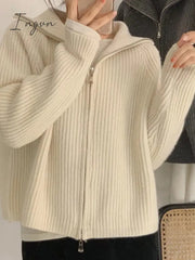 Ingvn - Deeptown Casual Knitted Cardigan Sweaters Women Autumn Vintage Zip-Up Solid Loose Long