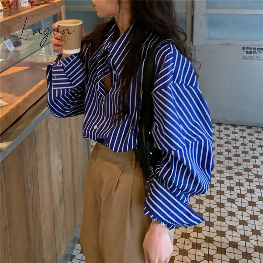 Ingvn - Deeptown Striped Women Blouses Basic Vintage Chic Long Sleeve Shirts Korean Fashion Old