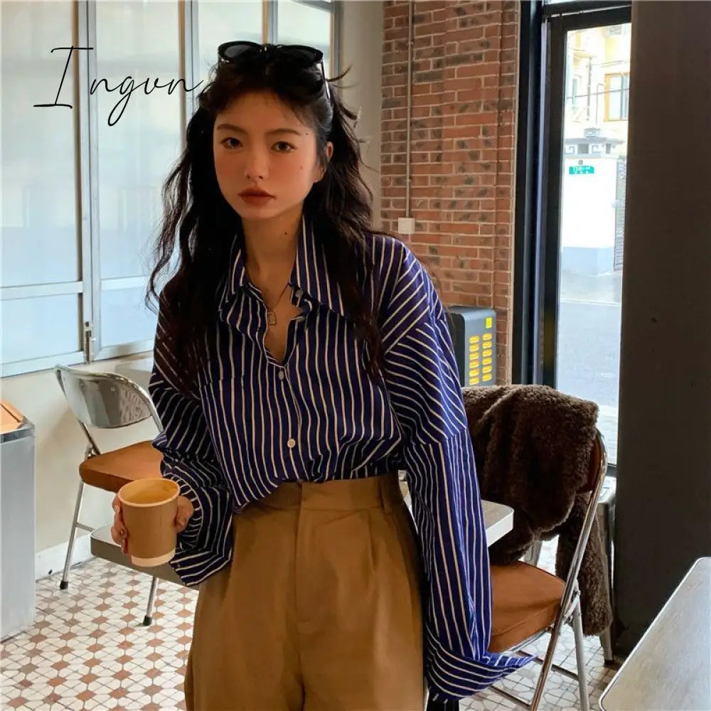 Ingvn - Deeptown Striped Women Blouses Basic Vintage Chic Long Sleeve Shirts Korean Fashion Old