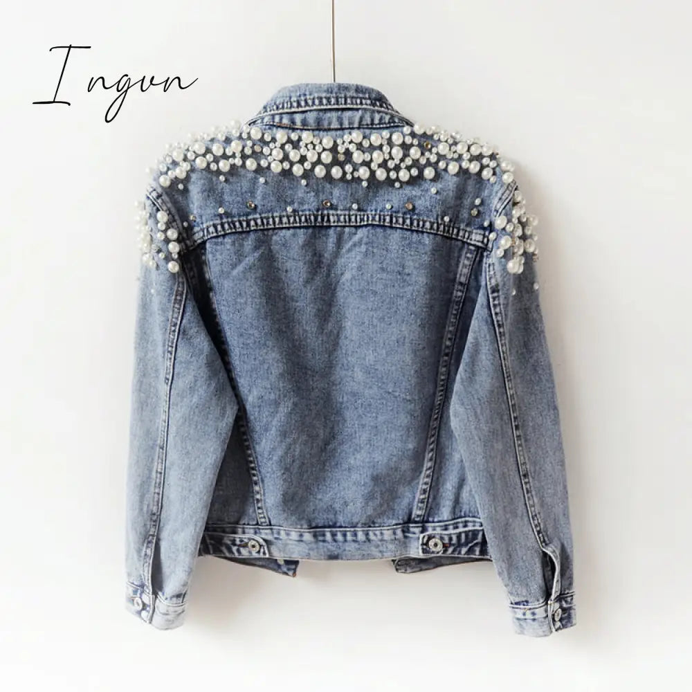 Ingvn - Denim Jacket Women New Autumn Women’s Jean Jackets Pearl Casual Coat Long Sleeve Outerwear