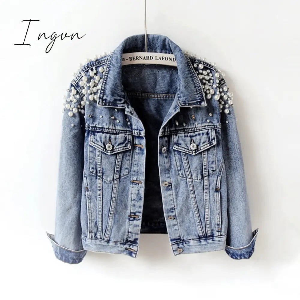Ingvn - Denim Jacket Women New Autumn Women’s Jean Jackets Pearl Casual Coat Long Sleeve Outerwear