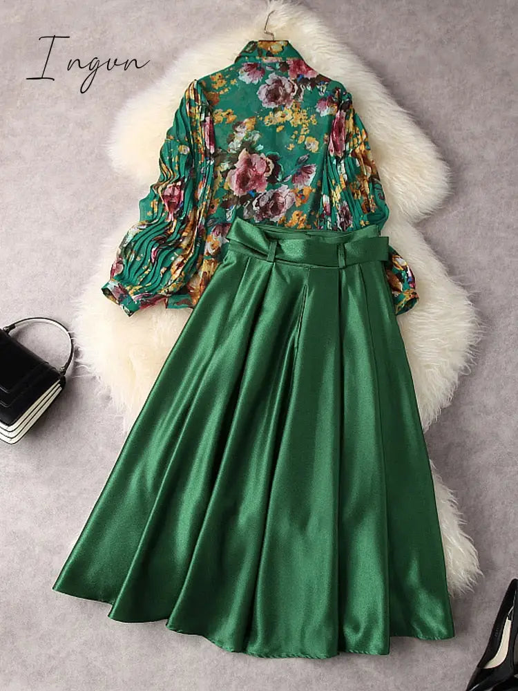 Ingvn - Designer Fashion Lantern Sleeve Print Chiffon Blouse And High Waist Skirt Set Womens Green